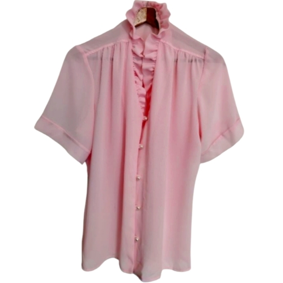 Vintage Ballerina Pink Women's Ruffled Sheer Top - Picture 5 of 6
